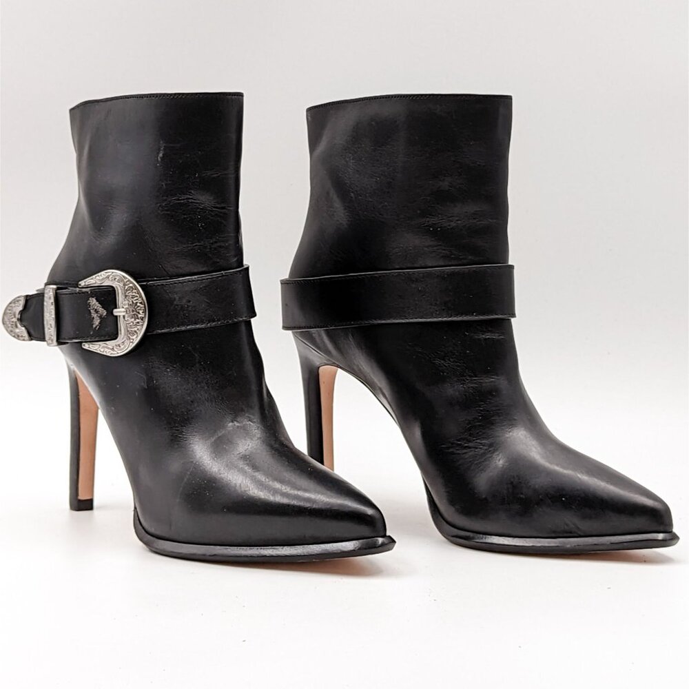 Paige Women Holly Western Buckle Black Leather Pointy Toe Heeled Boots Size 6.5M
